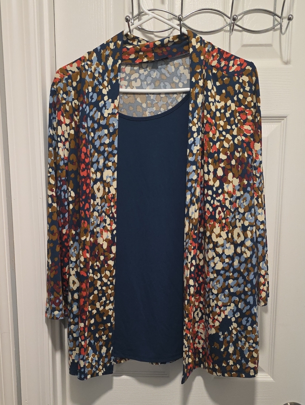 Emily Rose Multicolor Spot Open-Front Cardigan with Navy Shell